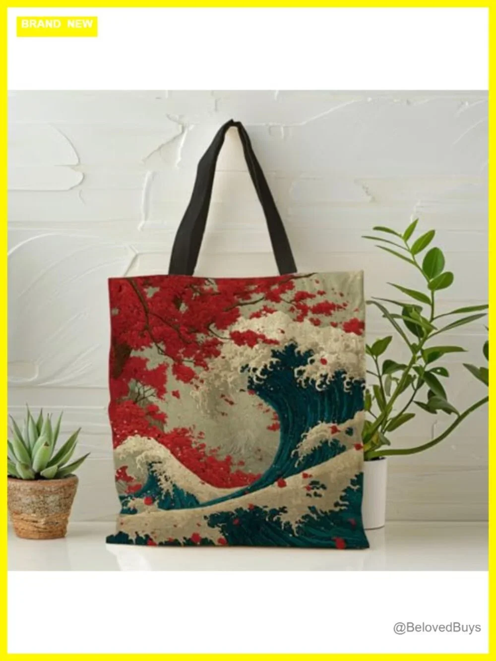 Canvas Tote Bag The Great Wave off Kanagawa with Red Maple Totes Reusable